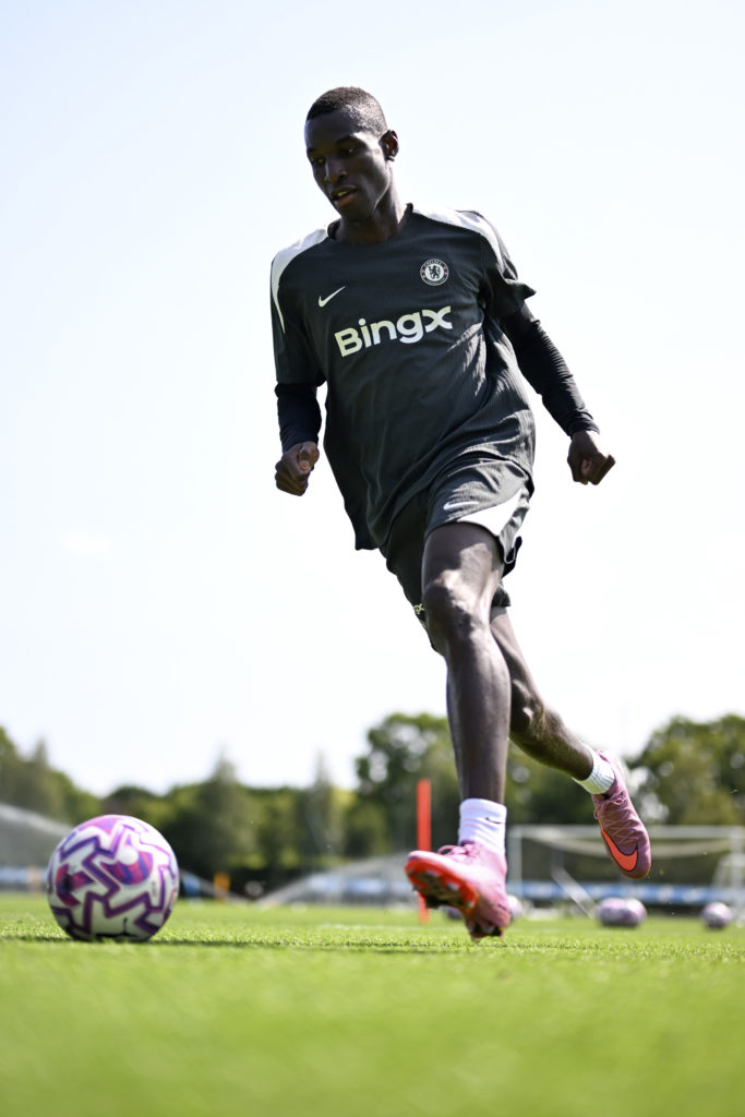 Nicolas Jackson pictured in a Chelsea training session at Cobham.