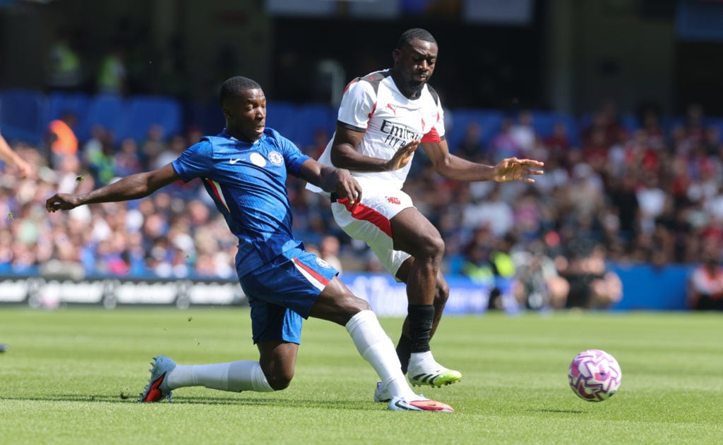 Moises Caicedo of Chelsea tackles Youssouf Fofana of AC Milan