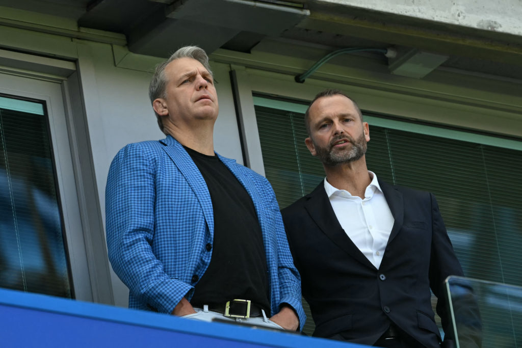 Todd Boehly and Paul Winstanley at Stamford Bridge watching Chelsea against Crystal Palace in the Premier League.