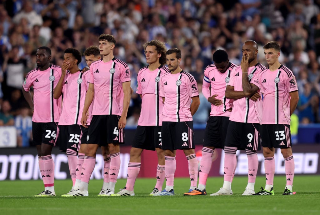 Leicester City players look on during the penalty shootout against Huddersfield Town in the Carabao Cup.