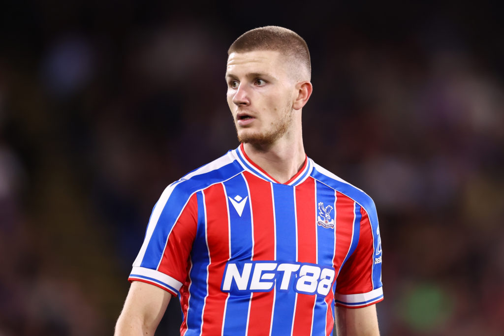Adam Wharton playing for Crystal Palace against Fredrikstad in a Conference League play-off match.