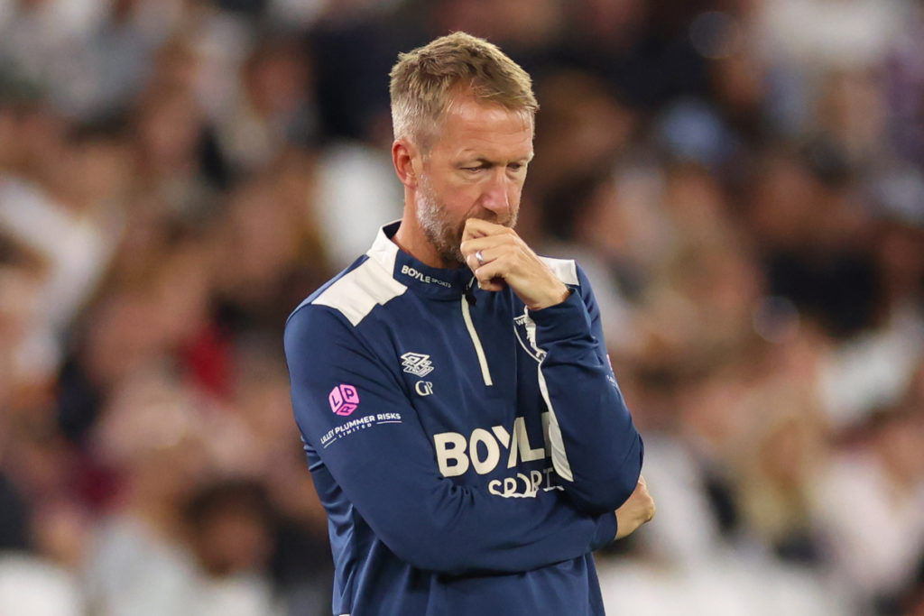 Graham Potter looks dejected during West Ham against Chelsea in the Premier League.