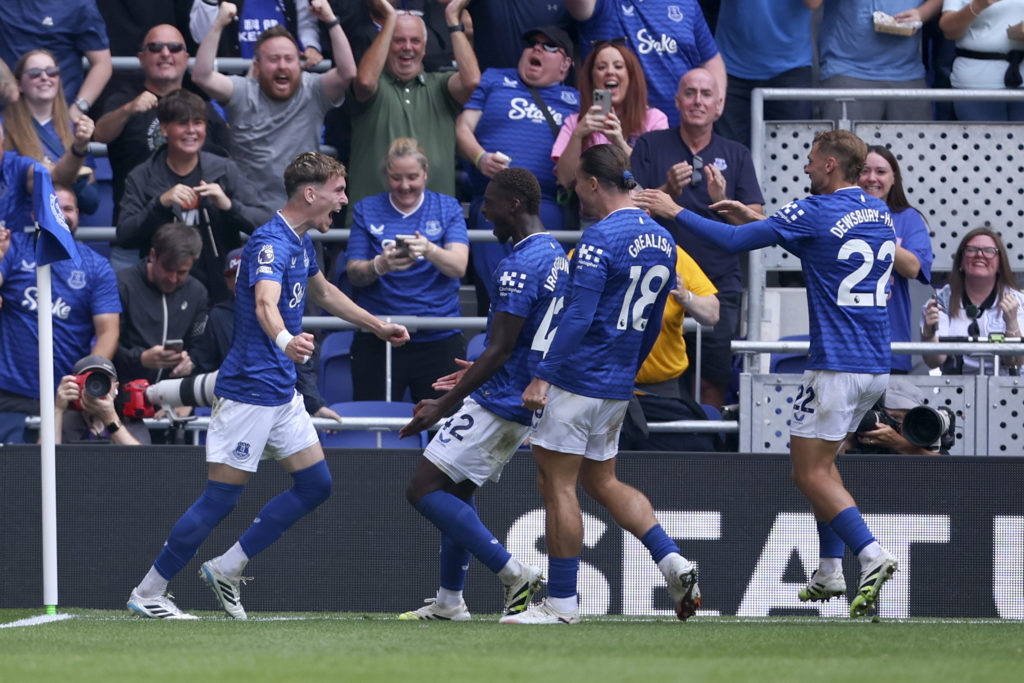Kiernan Dewsbury-Hall celebrates with Everton teammates during the Premier League match against Brighton.