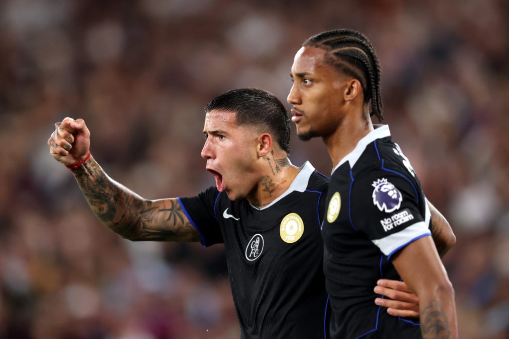 Enzo Fernandez of Chelsea celebrates scoring his team's third goal with teammate Joao Pedro