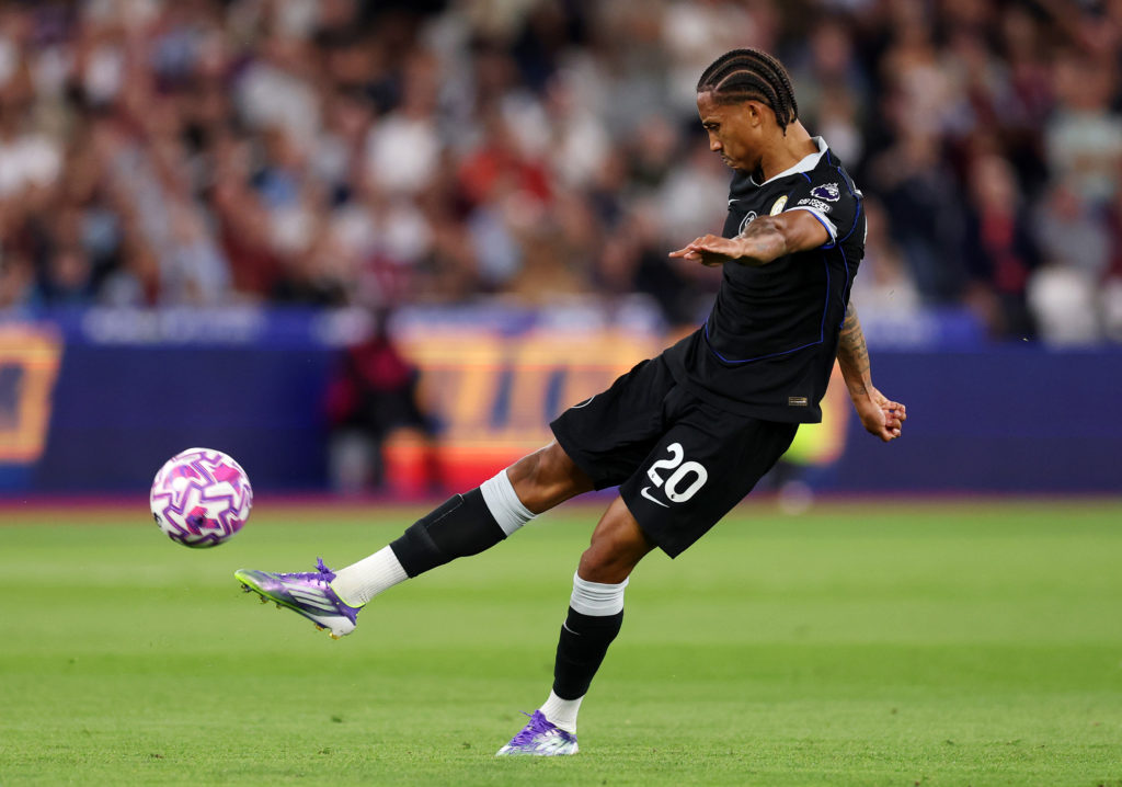 Joao Pedro shoots during Chelsea's trip to West Ham in the Premier League.