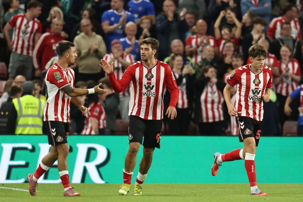 Marc Guiu celebrates after scoring for Sunderland against Huddersfield Town in the Carabao Cup.
