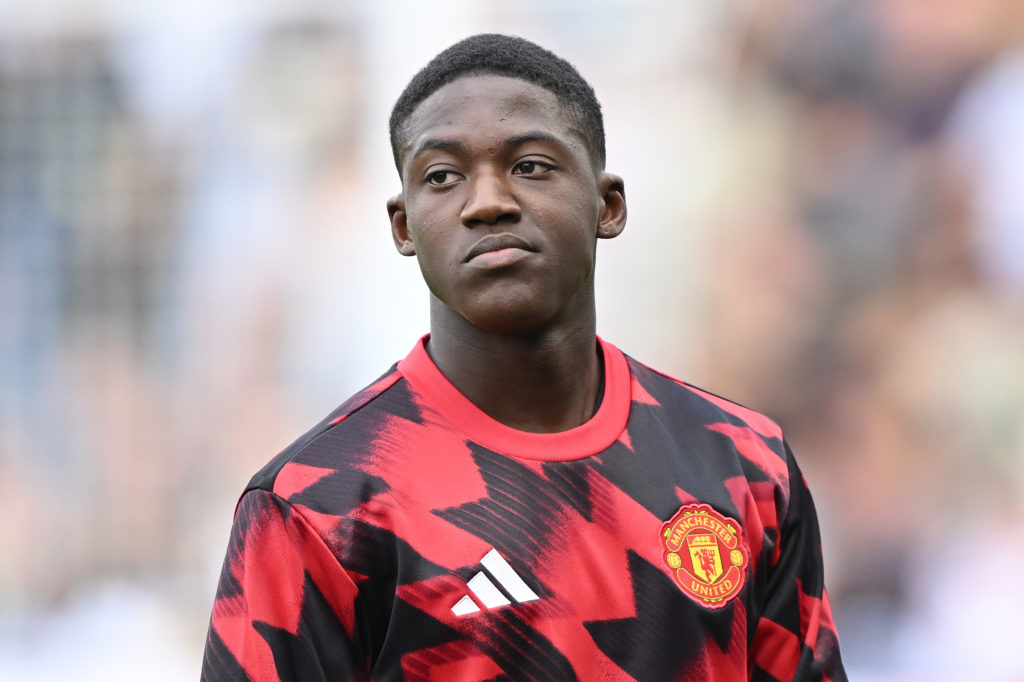 Kobbie Mainoo looks on ahead of Fulham v Manchester United - Premier League