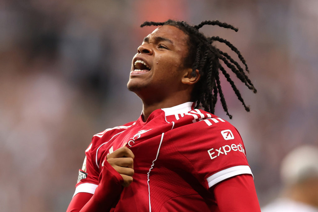 Rio Ngumoha of Liverpool celebrates scoring
