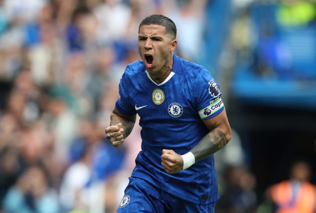 Chelsea midfielder Enzo Fernandez celebrating goal against Fulham