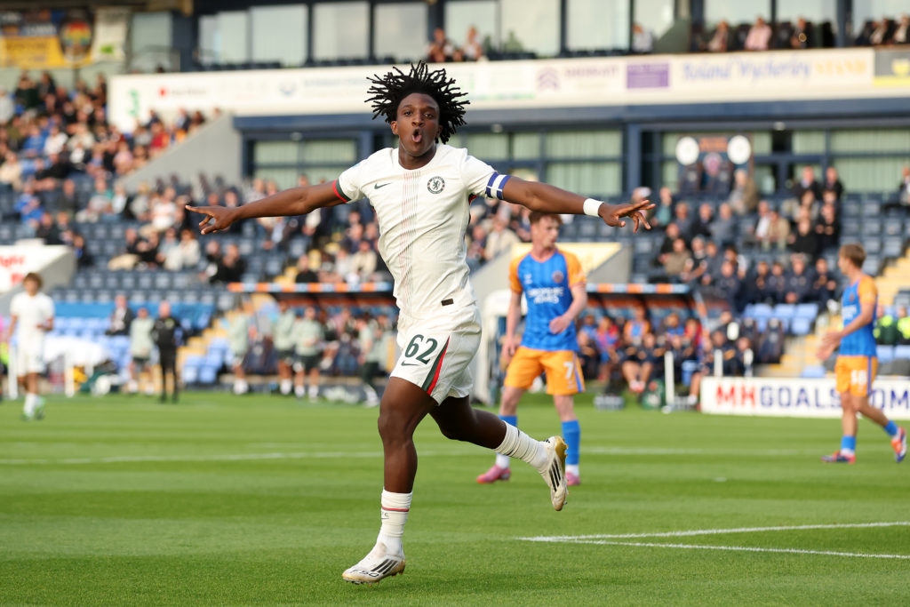 Shumaira Mheuka celebrates scoring for Chelsea's Under-21s side against Shrewsbury Town in the Football League trophy.