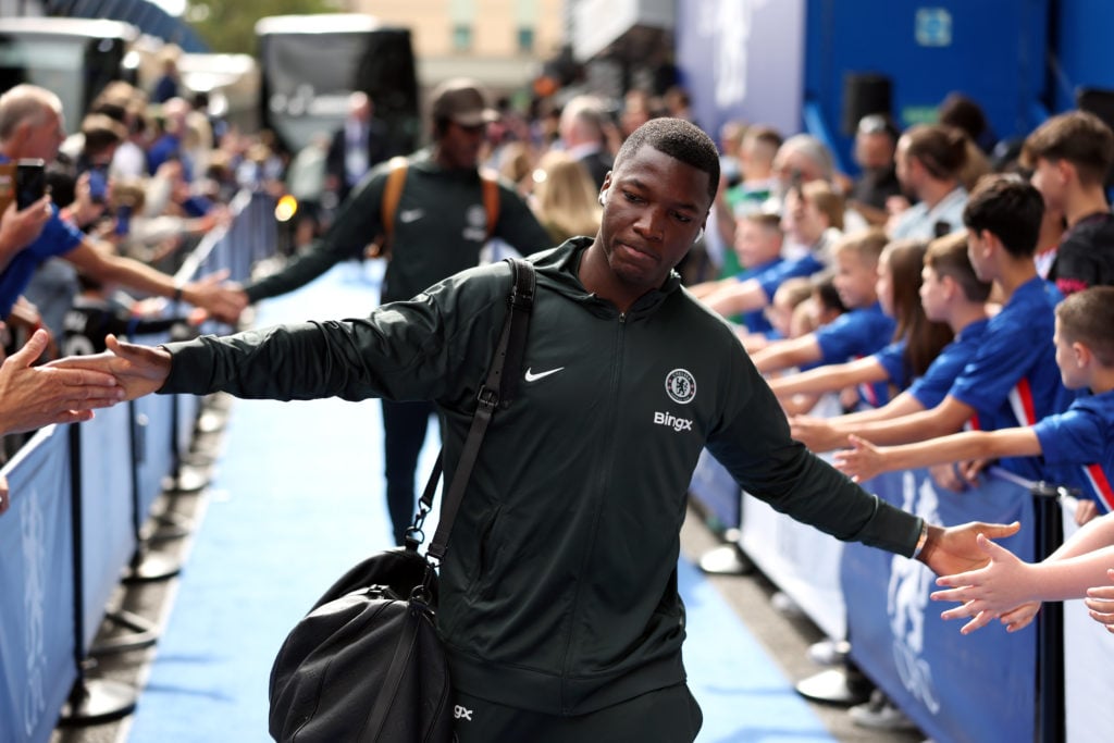 Moises Caicedo of Chelsea arriving at Stamford Bridge