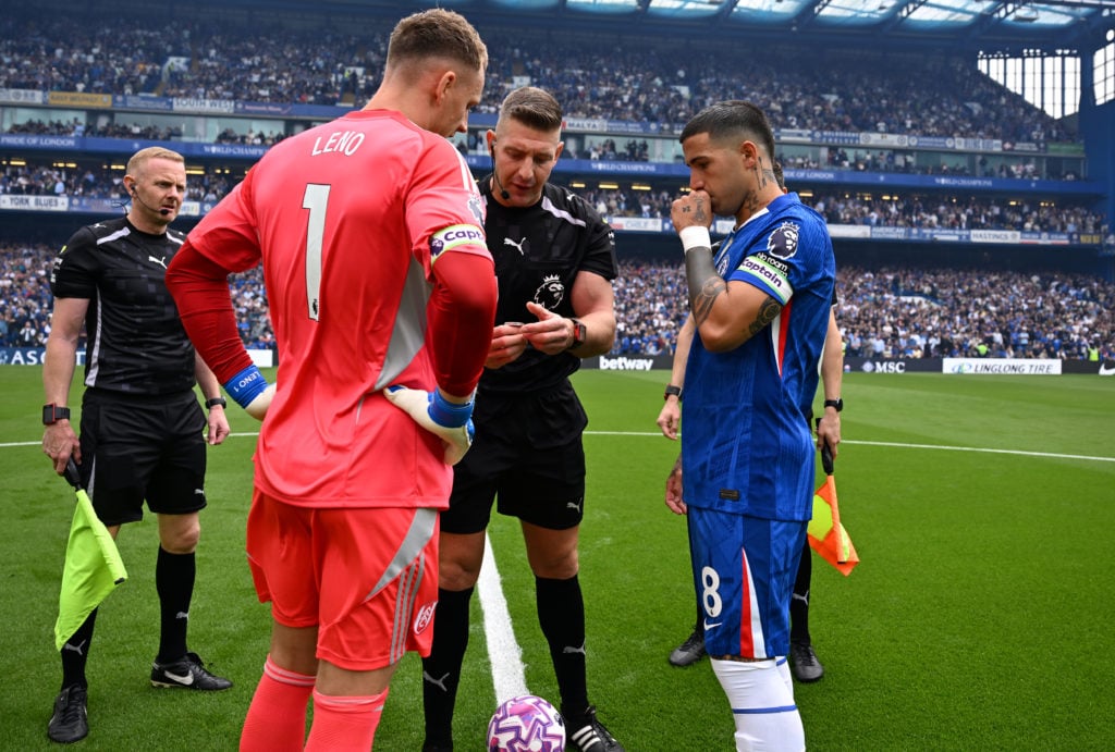 Bernd Leno and Enzo Fernandez prior to Chelsea against Fulham in the Premier League.