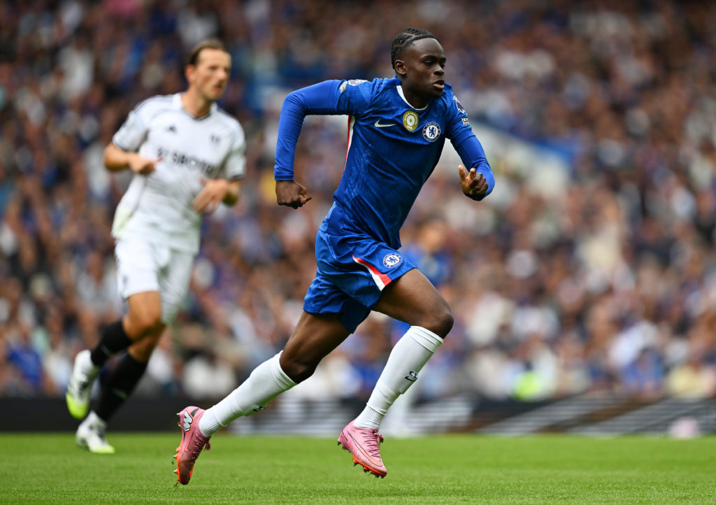 Chelsea attacker Tyrique George sprinting against Fulham in the Premier League.
