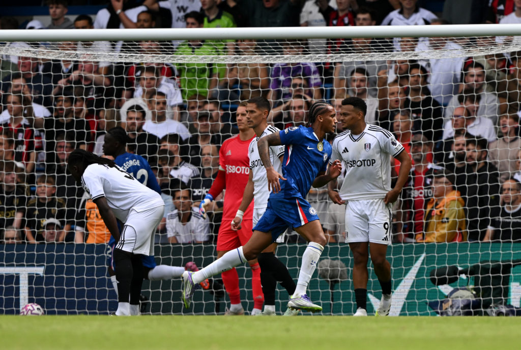 Joao Pedro of Chelsea celebrates scoring his team's first goal vs Fulham