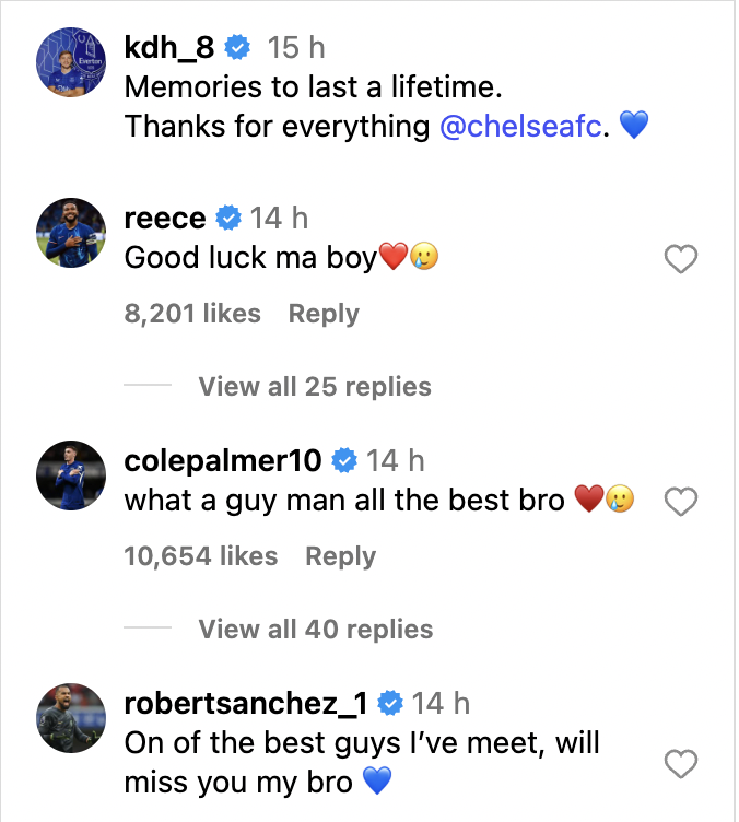 Reece James and Cole Palmer respond to Kiernan Dewsbury-Hall on Instagram after he leaves Chelsea.