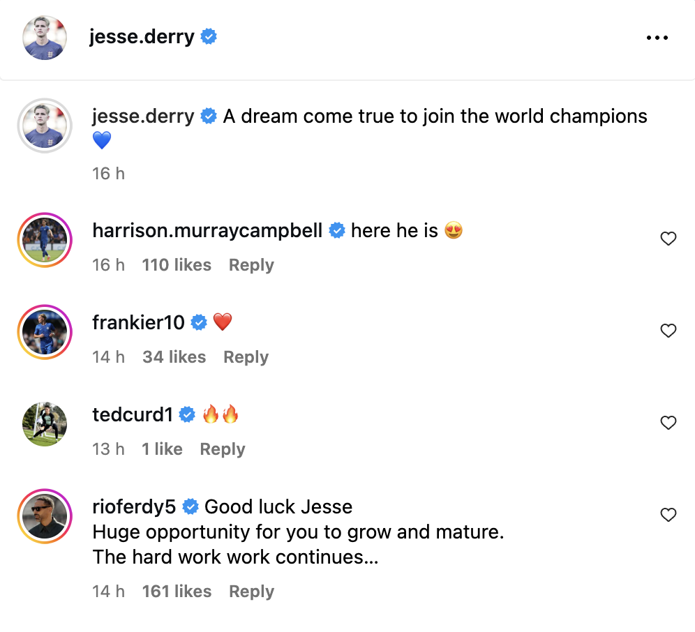 Rio Ferdinand responds to Chelsea signing Jesse Derry on Instagram.