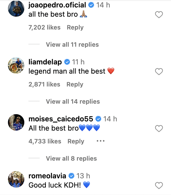 Chelsea players respond to Kiernan Dewsbury-Hall on Instagram after he leaves Chelsea to join Everton.