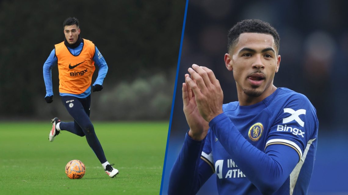 Split image - Aaron Anselmino of Chelsea during training session and Chelsea's Levi Colwill applauds the fans