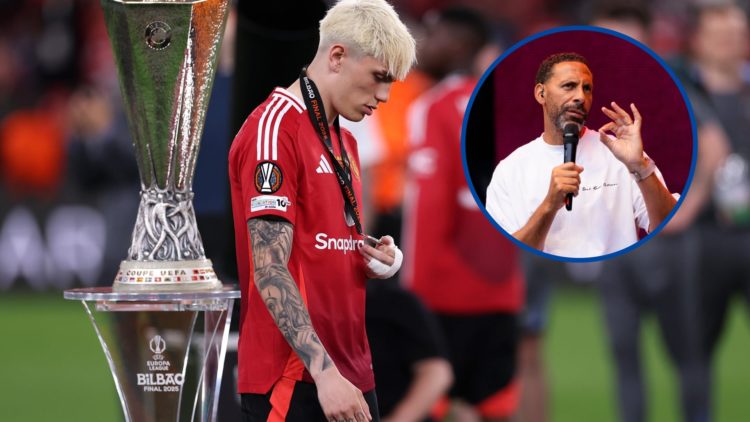 Alejandro Garnacho walks past the trophy after Tottenham Hotspur v Manchester United, inset Rio Ferdinand speaking