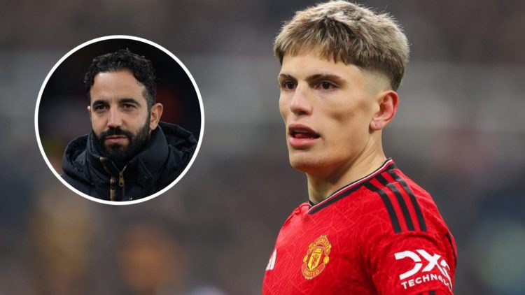Alejandro Garnacho playing for Manchester United against Newcastle United in the Premier League. Inset, Manchester United manager Ruben Amorim in t...