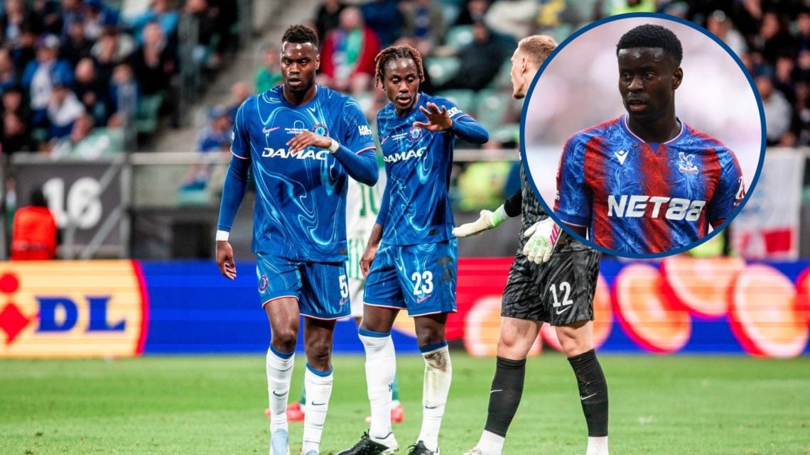 Chelsea's Benoit Badiashile and Trevoh Chalobah during Conference League final, inset Marc Guehi of Crystal Palace during FA Cup semi-final