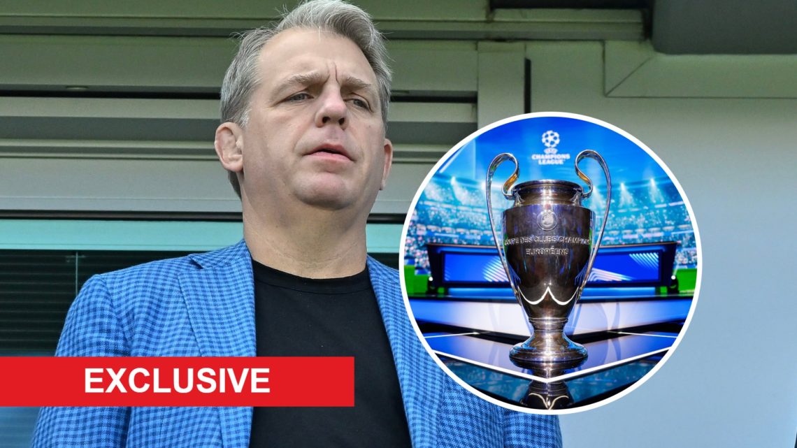 Todd Boehly looks on during Chelsea v Crystal Palace - Premier League. Inset: A detailed view of the Champions League trophy