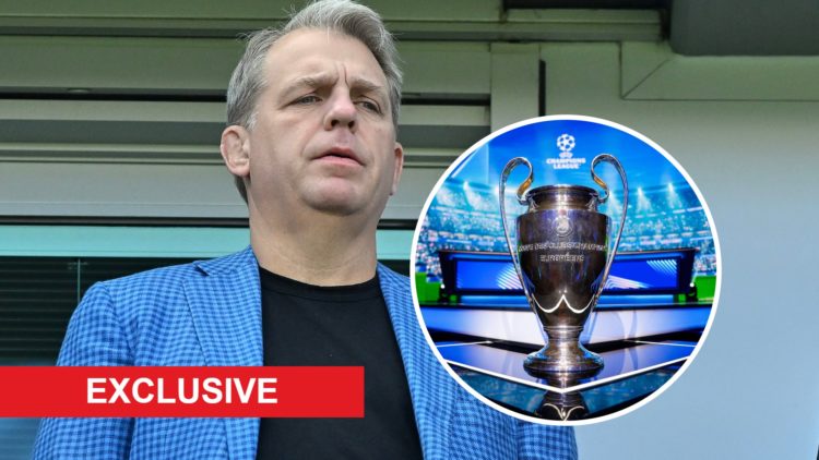 Todd Boehly looks on during Chelsea v Crystal Palace - Premier League. Inset: A detailed view of the Champions League trophy