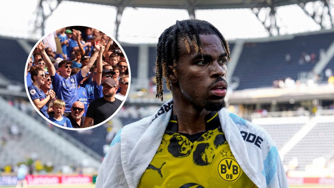 Carney Chukwuemeka of Borussia Dortmund looks on following the FIFA Club World Cup match. Inset, Chelsea fans during a pre-season friendly.