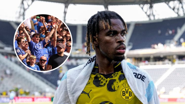 Carney Chukwuemeka of Borussia Dortmund looks on following the FIFA Club World Cup match. Inset, Chelsea fans during a pre-season friendly.
