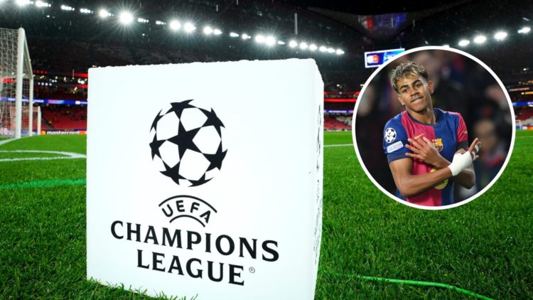 The Champions League logo. Inset, Lamine Yamal playing for Barcelona in the Champions League.