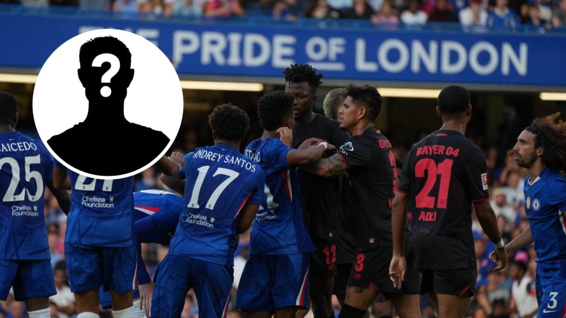 Chelsea FC and Bayer 04 Leverkusen players argue, inset mystery figure