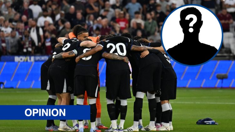 Chelsea players in a huddle before Premier League match against West Ham, inset mystery player