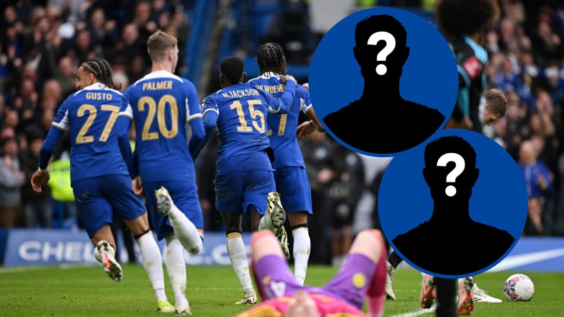 Carney Chukwuemeka celebrating with Chelsea teammates, inset mystery player x2