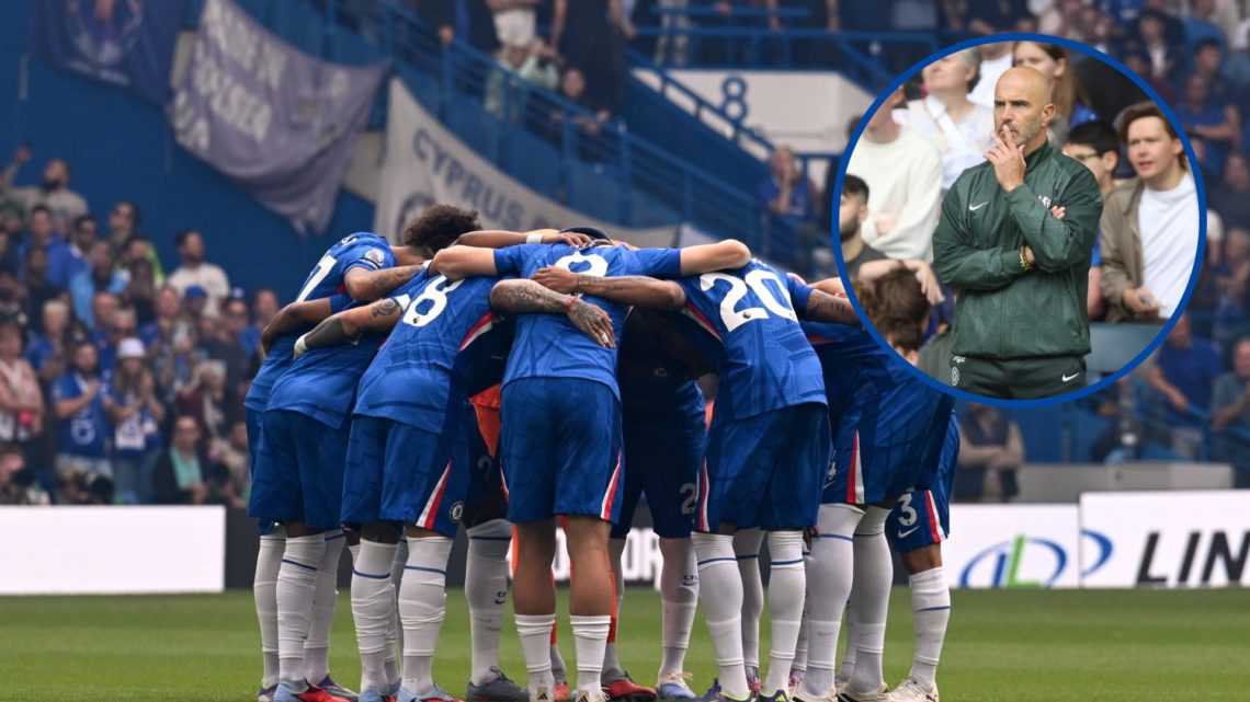 Chelsea's players in a huddle before playing Fulham, inset Enzo Maresca looks on during Chelsea v Fulham