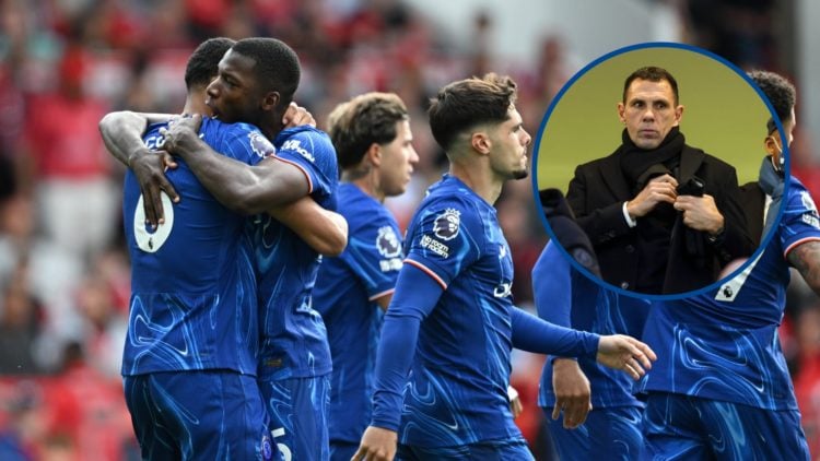 Levi Colwill of Chelsea celebrates scoring with teammates, inset ex-Tottenham Hotspur and Chelsea player Gus Poyet before Premier League match