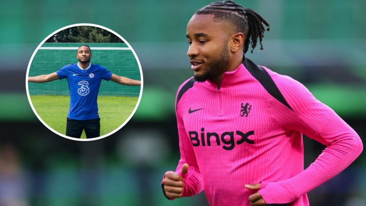 Christopher Nkunku trains before Chelsea's Conference League final. Inset, Christopher Nkunku poses after signing for Chelsea.