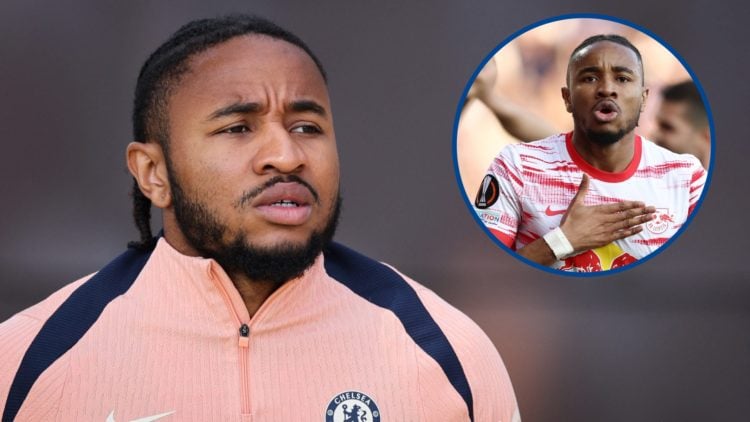 Chelsea attacker Christopher Nkunku in training at Cobham, inset Christopher Nkunku celebrates after scoring for RB Leipzig