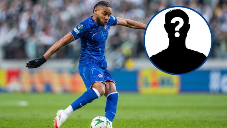 Chelsea attacker Christopher Nkunku playing against Legia Warsaw in the Conference League, inset mystery player