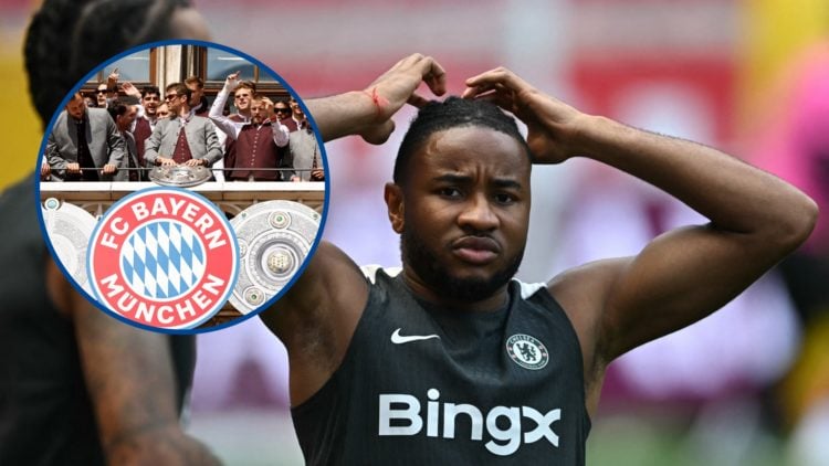 Christopher Nkunku looks on during Chelsea training session, inset Bayern Munich players celebrating the titles they won in the 2024/25 season