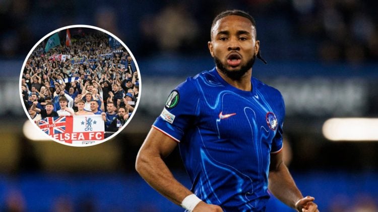 Chelsea attacker Christopher Nkunku playing against Legia Warsaw in the Conference League. Inset, Chelsea fans in the crowd after the Conference Le...