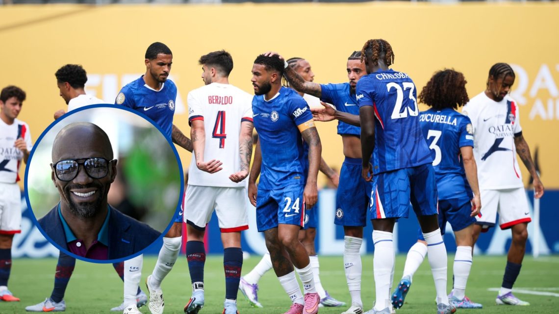 Reece James, Malo Gusto and Trevoh Chalobah of Chelsea interact, inset former Paris Saint-Germain player Claude Makelele