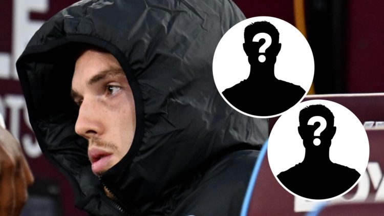 Cole Palmer watches Chelsea against West Ham in the Premier League from the bench with an injury. Both insets, mystery football playersz
