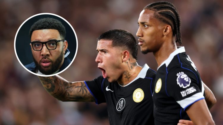 Enzo Fernandez and Joao Pedro celebrate during Chelsea's Premier League win against West Ham. Inset, pundit Troy Deeney during a Carabao Cup match ...