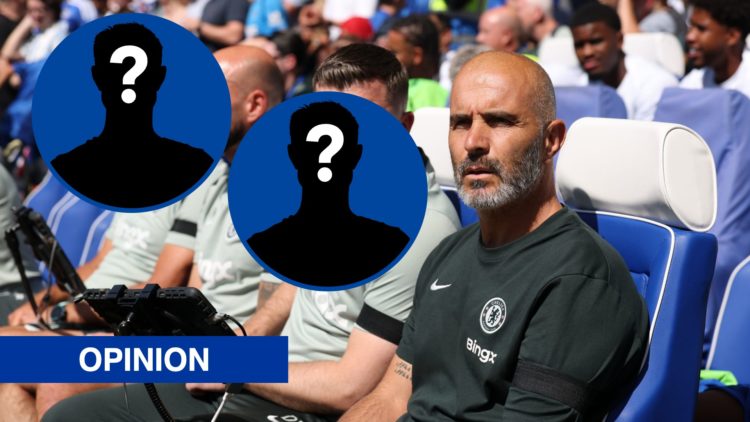 Enzo Maresca and his staff look on during Chelsea v Crystal Palace, inset mystery player x2