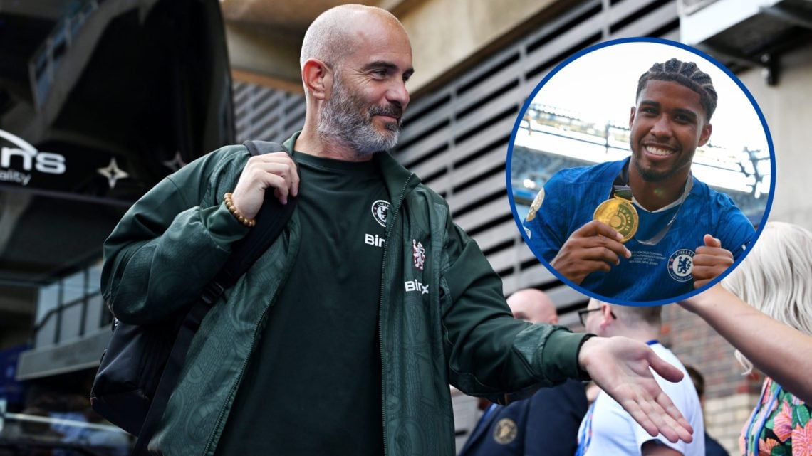 Enzo Maresca arriving at Stamford Bridge, inset Andrey Santos poses with his winner's medal after Chelsea v PSG