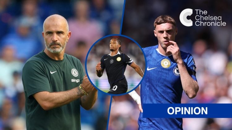 Split image - Chelsea manager Enzo Maresca clapping and Cole Palmer during match, inset Joao Pedro running