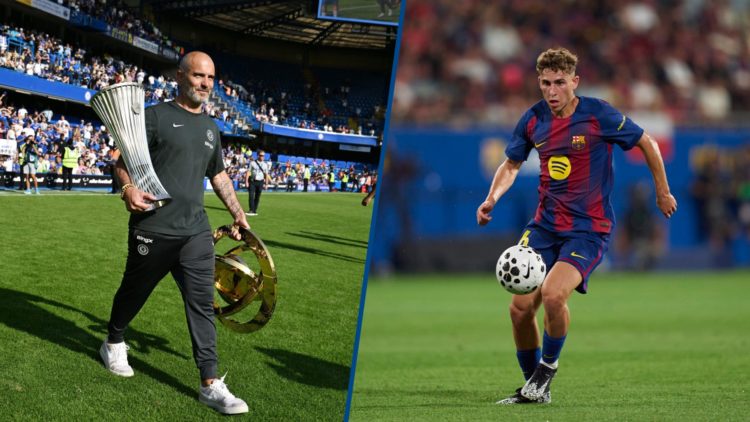 Split image - Enzo Maresca carries the Conference League and Club World Cup trophies and Fermin Lopez of FC Barcelona with the ball
