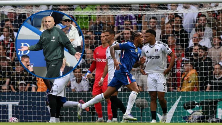 Joao Pedro of Chelsea celebrates scoring his team's first goal vs Fulham, inset Enzo Maresca manager of Chelsea looking frustrated