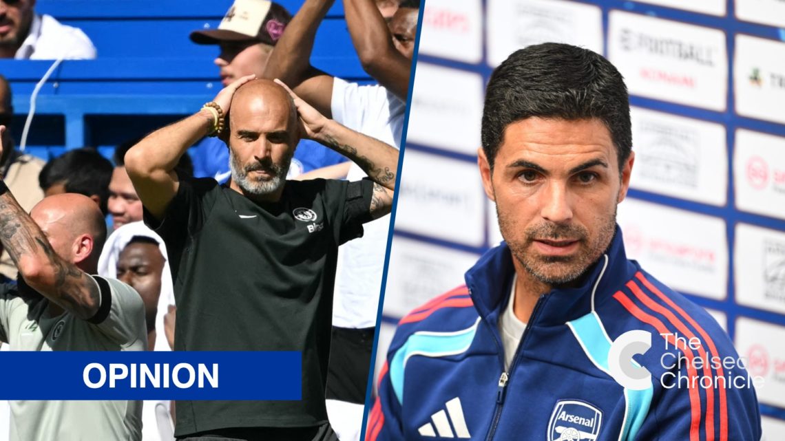 Split image - Chelsea's Enzo Maresca with hands on head and Mikel Arteta speaks to the media during Arsenal press conference