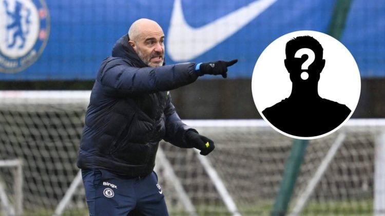 Chelsea head coach Enzo Maresca on the grass for a training session at Cobham. Inset, mystery football player